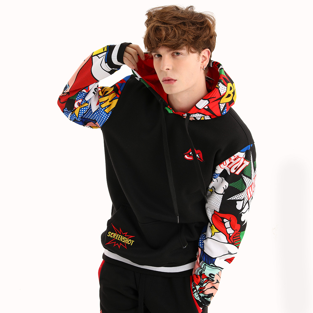 무니크영 H11062 - 남녀공용 빅사이즈 프린트 자수 포인트 오버핏 슬리브 팝아트 후드티 44,700원