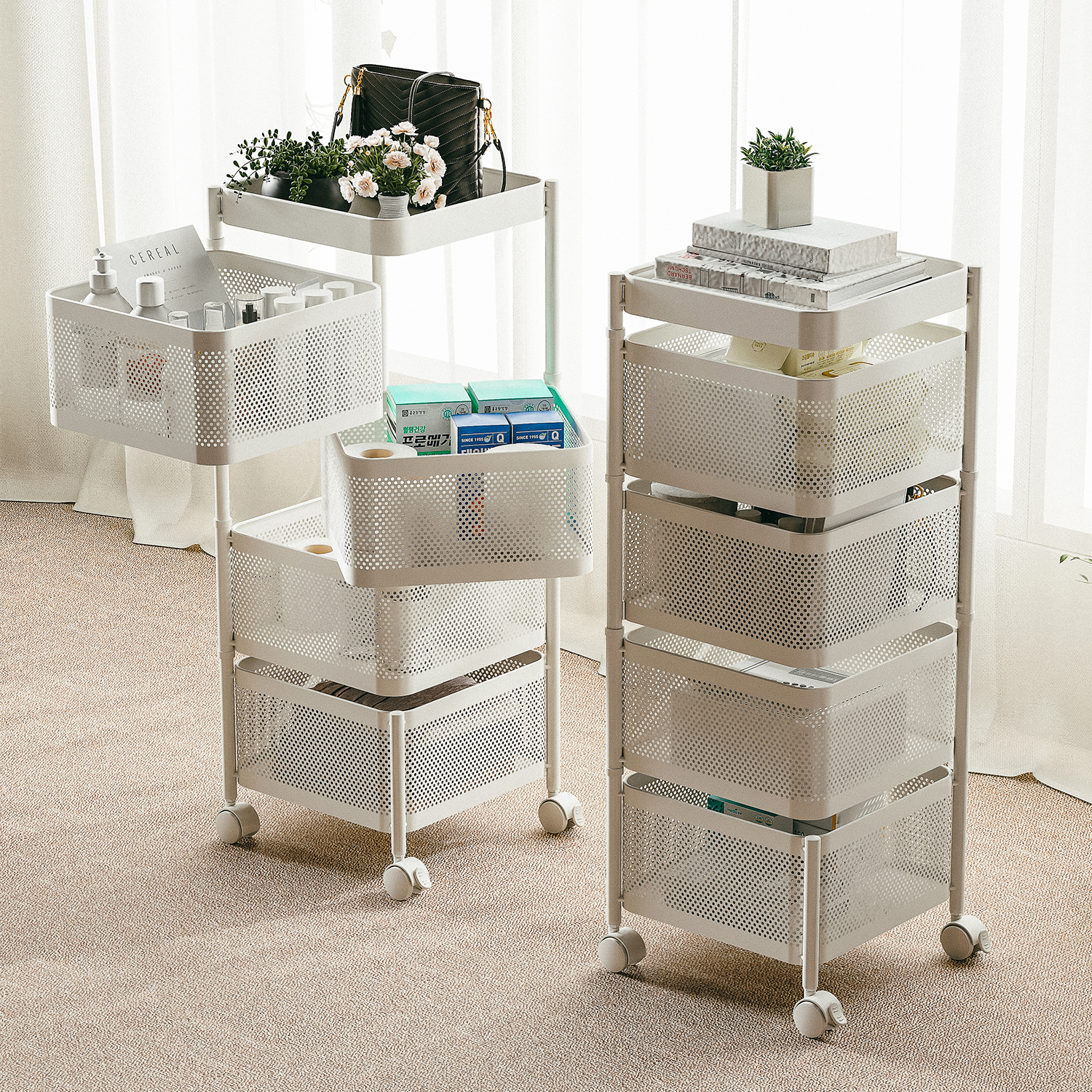 라즈웰 이동식 트롤리 수납함 회전 철제 수납장, 화이트, 4단 166,000원