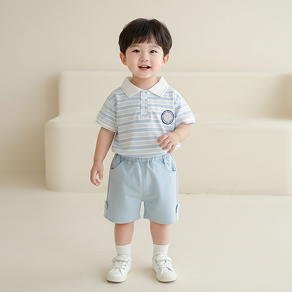 몽실이 블루 스트라이프 와펜 반팔상하복 여아 남아 아기 어린이집 등원룩 등원복 나들이룩 바캉스룩 하객룩 여름 상하세트 23,900원