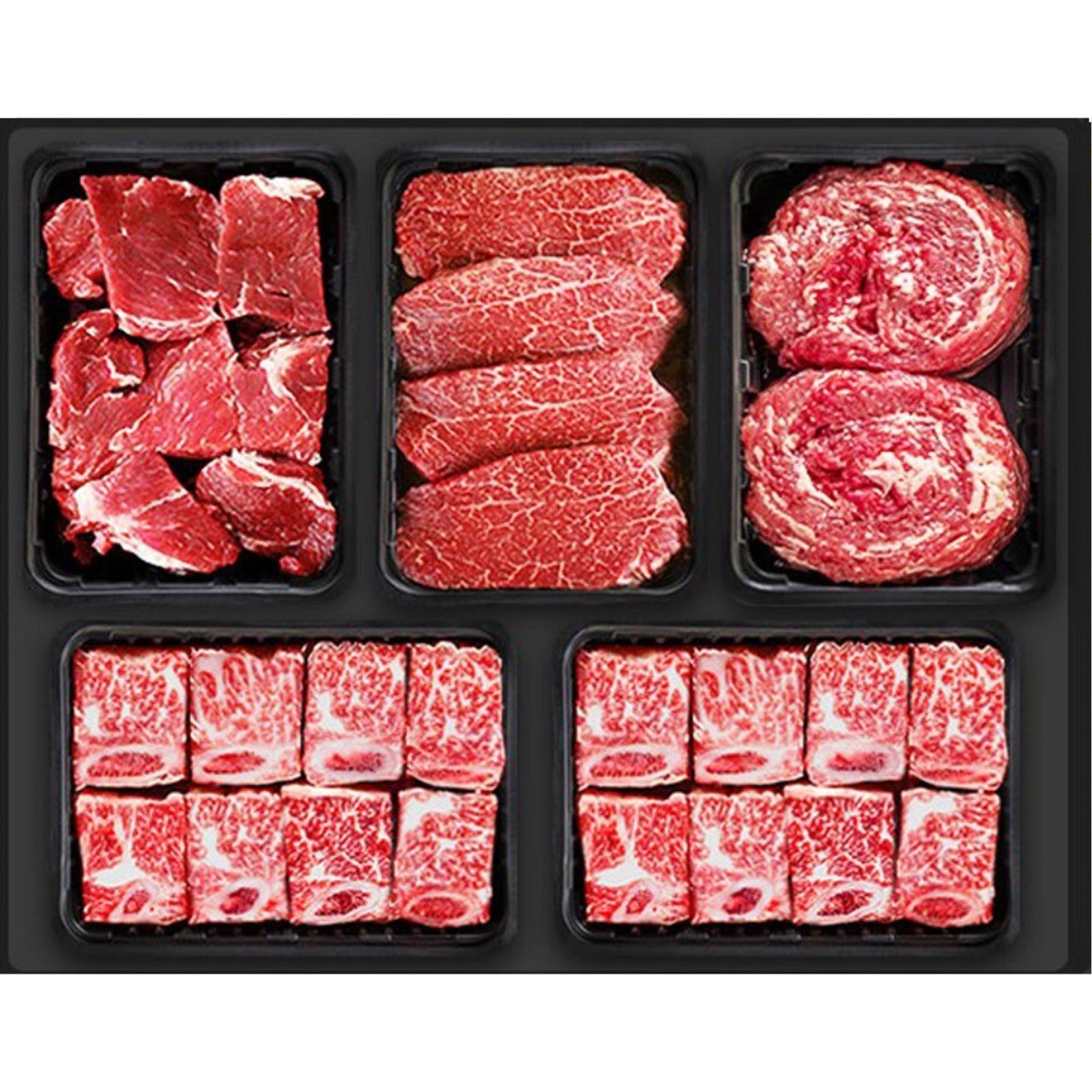 횡성한우 5구 [쿠가] 혼합 선물세트1[찜갈비700gX2+안심or채끝500g+불고기500g+국거리500g]총2.9kg 325,000원