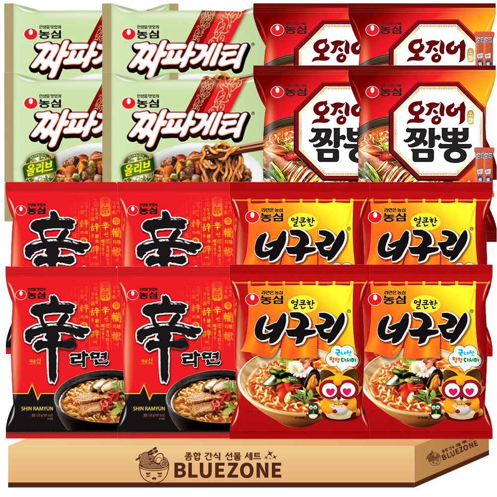 농심 봉지라면 A세트 신라면4 너구리4 짜파게티4 오징어짬뽕4 라스4, 16개 27,800원