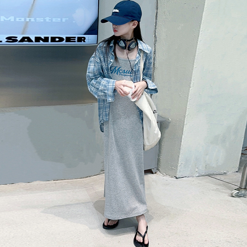 빠빠야네 키즈 주니어 여아 썸머비치 블루체크셔츠 끈그레이 롱롱 원피스 여름 38,100원