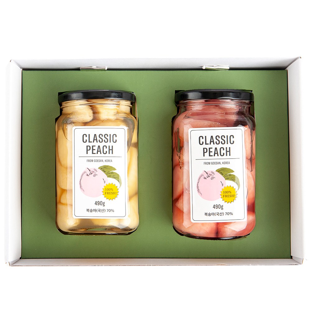 국내산 복숭아 병조림 2병 선물세트 황도 백도 핑크백도 복숭아통조림 유기농설탕, 백도+핑크백도 SET 30,000원