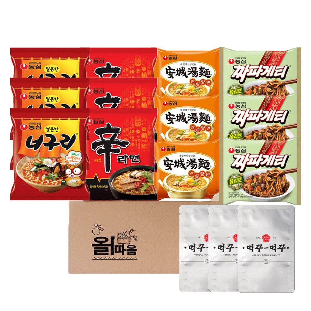 농심 신라면+안성탕면+얼큰너구리+짜파게티 봉지 낱개 3개씩+먹꾸먹꾸 라면후레이크 3개, 1세트 18,980원
