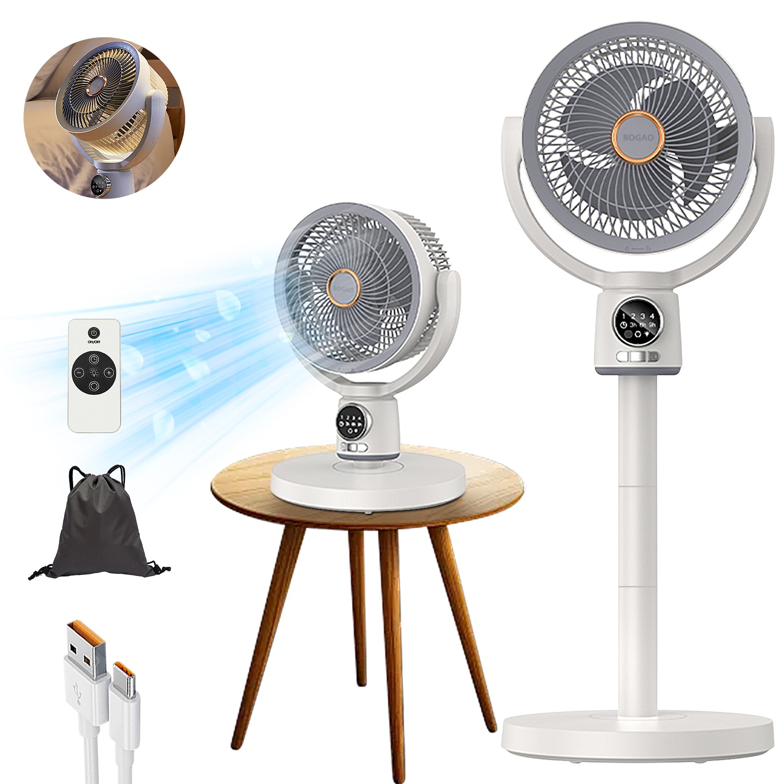 Bogao 스탠드형 서큘레이터 USB충전 리모컨 에어써큘레이터 선풍기 3D 입체 공기순환 BLDC 저소음 무드등 타이머기능 탁상용 가정용 캠핑용 사무실용 서큘레이터 BGC001, 화이트 89,900원