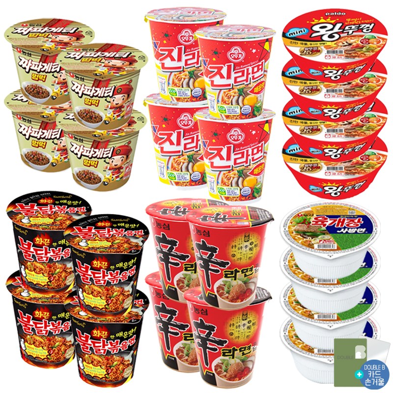 더블비 농심 오뚜기 팔도 컵라면 6종 총 24개 (진라면 매운 4개 + 신라면 4개 + 짜파범벅 4개 + 육사발 4개 + 미니왕뚜껑 4개 + 불닭볶음 4개)+더블비카드거울 104,000원