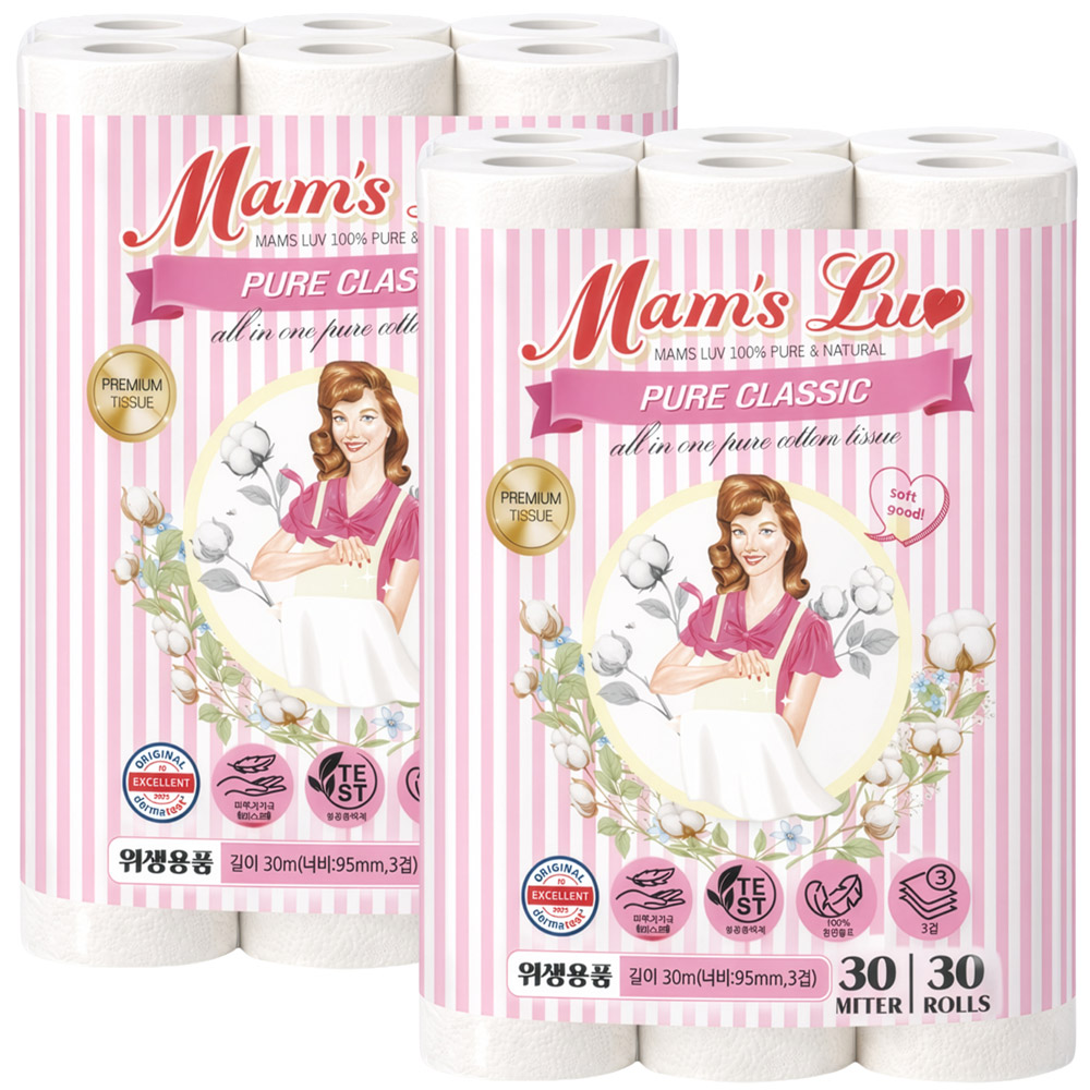 맘스럽 퓨어클래식 천연펄프100% 롤화장지 도톰한 데코3겹 두루말이, 2개, 30롤, 30m 19,900원