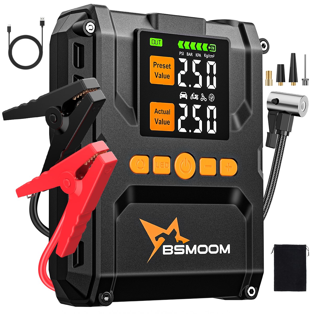 BSMOOM 3000A 자동차 점프스타터 올인원 에어펌프 보조배터리 사용 가능 12V, 1개, 8000mAh 86,000원