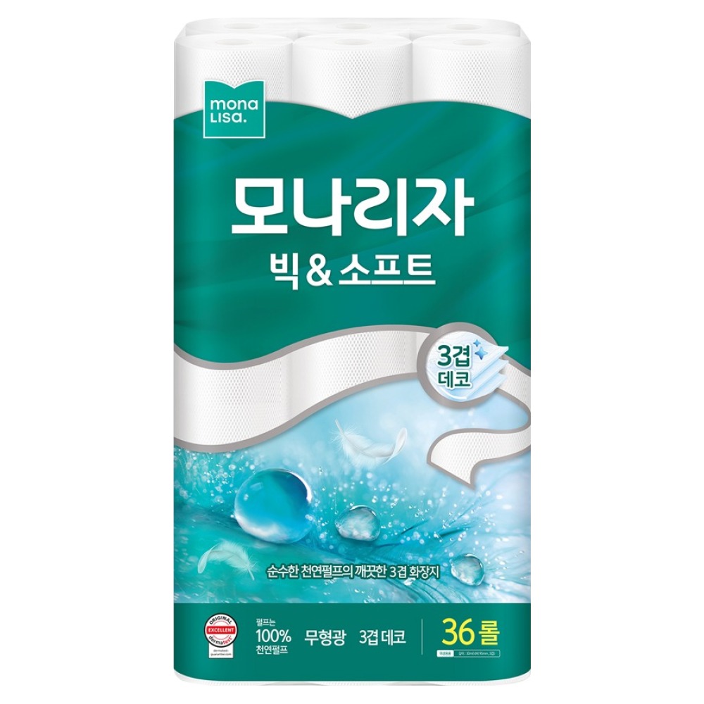 모나리자 빅 앤 소프트 천연펄프 3겹 화장지, 30m, 36롤, 1개 17,320원