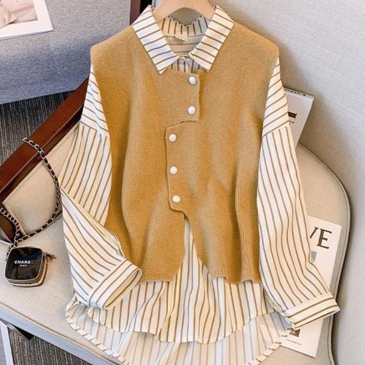 150kg까지 빅사이즈 여성 고급감 페이크 레이어드 날씬해보이는 젊어 보이는 카라 셔츠 가을 편한 스트라이프 단추넥 배색 예쁜 심플 얇은 루즈핏 비대칭 3xl 4xl 상의 남방 20,750원