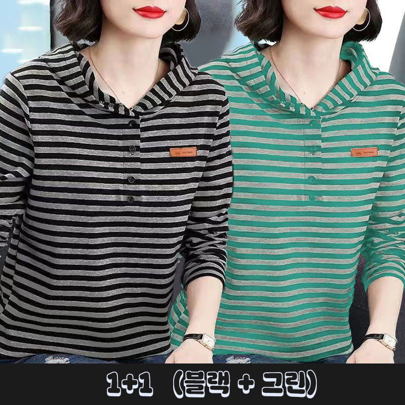 MAKABORO 1+1 여성 루즈핏 후드 맨투맨 긴팔티 기본핏 데일리 스트라이프 후드티 봄가을 27,800원