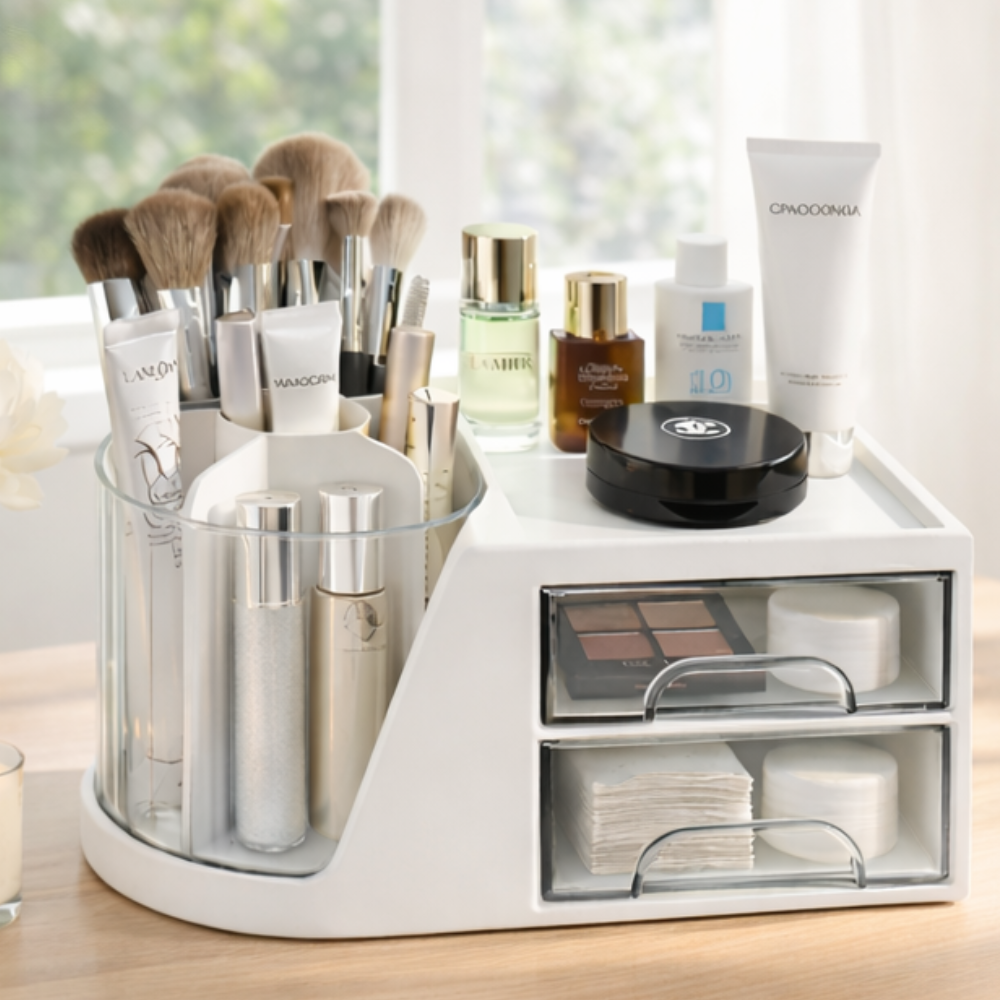 화장품 정리함 회전형 2단 서랍 화장대 수납함 브러쉬 보관함 책상 정리함 도도라이프, 화이트, 1개 19,900원