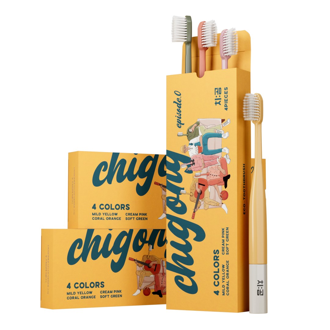 치공 옥수수 전분 이중미세모 칫솔세트 4P 그린 옐로우 핑크 코랄 대한민국 국내제조 직접생산 회사용 선물용 여행용, 1개, 4개입 12,600원