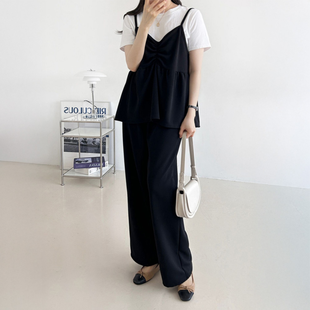 다미타니 국내제작 셔링 끈나시 밴딩 롱팬츠 세트 OCZ0939 18,900원