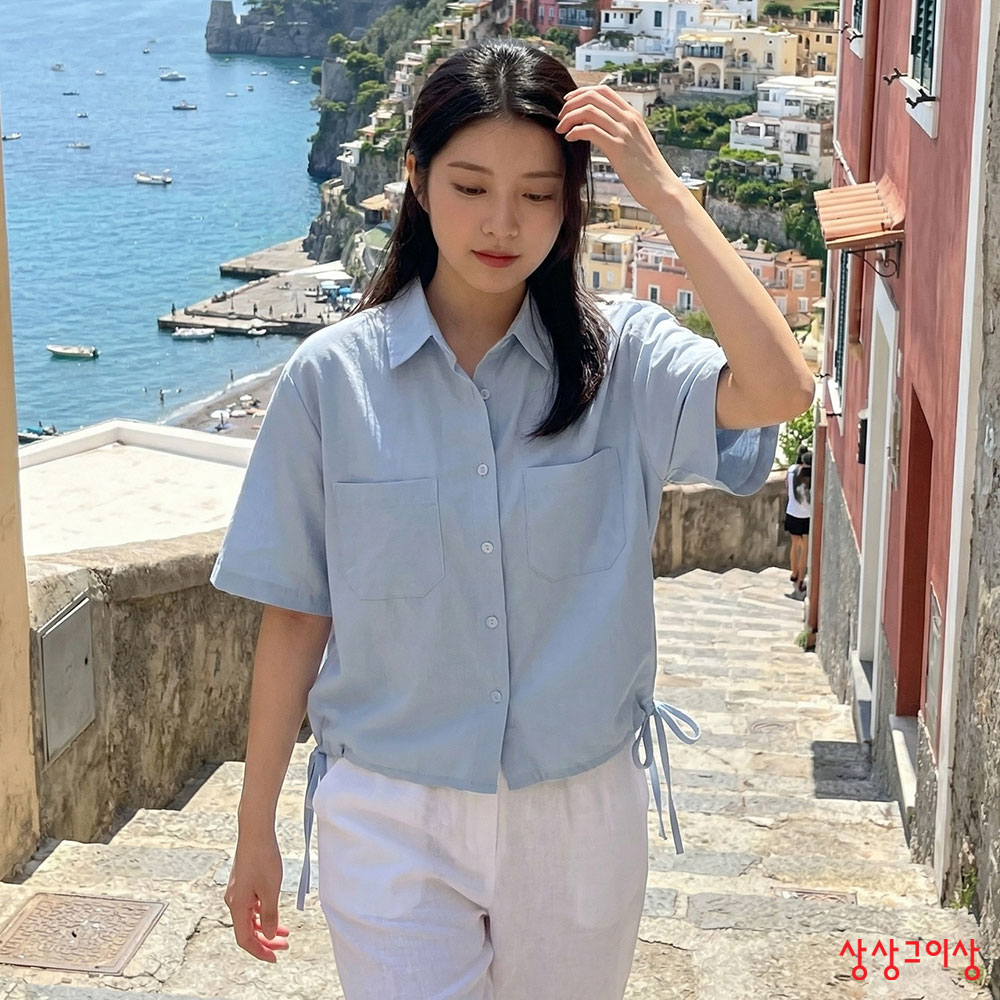 상상그이상 여성용 스트링 남방 단정한 카라넥 데일리 면셔츠 가볍고 시원한 아웃포켓 셔츠 24,990원