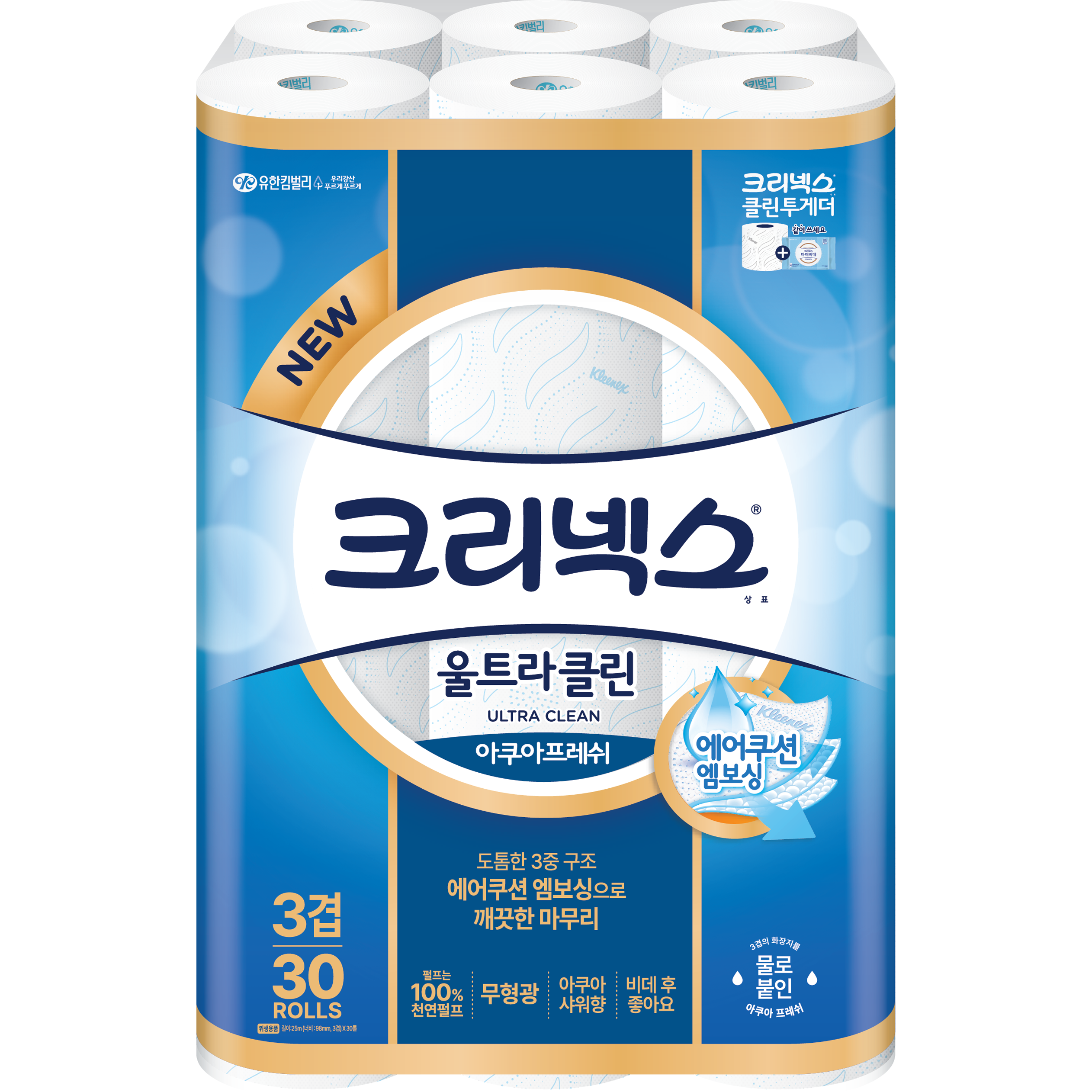 크리넥스 3겹 울트라 클린 롤화장지 천연펄프, 25m, 30개입, 1개 18,900원
