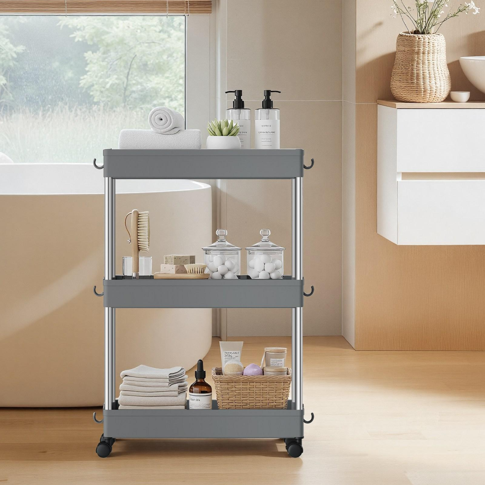 SONGMICS 다용도 이동식 360도 회전 바퀴 플라스틱 틈새 트롤리 욕실, 주방, 사무실, 세탁실용, 그레이, 3단 11,210원