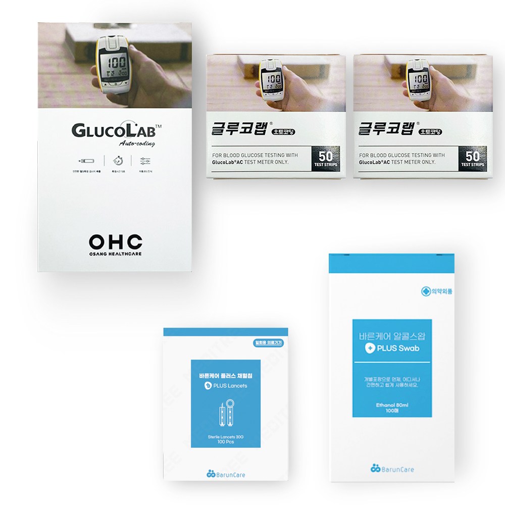 오상헬스케어 글루코랩 혈당계+ 시험지100매+ 란셋침100p+알콜솜100매 36,000원