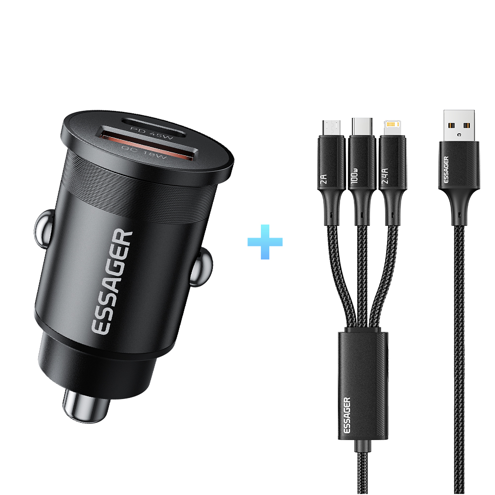 Essager USB-C+USB+A 듀얼 포트 고속 차량용 충전기+PD 케이블, 블랙, 1세트 12,400원