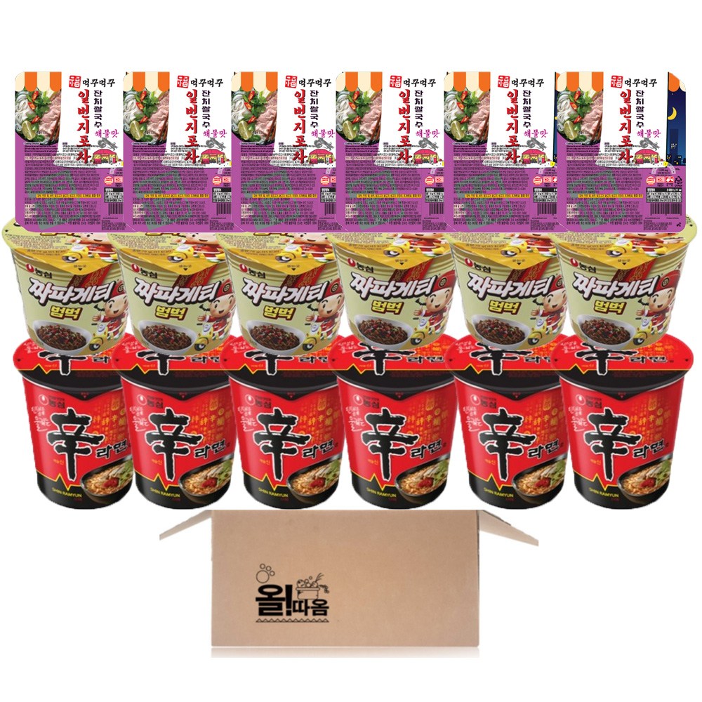 컵라면 기획세트 신라면 소컵 6입+짜파게티범벅 소컵 6입+먹꾸먹꾸 일번지포차 잔치쌀국수 해물맛 6입, 1박스 19,980원