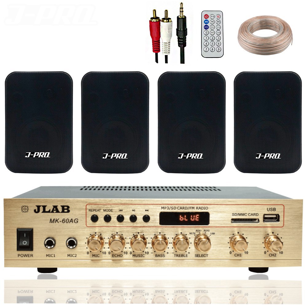 JLAB 블루투스 매장용 카페 매장 업소용 벽걸이 미니 앰프 스피커 4개+리모콘+PC선 1.5M+스피커케이블 40M 149,000원