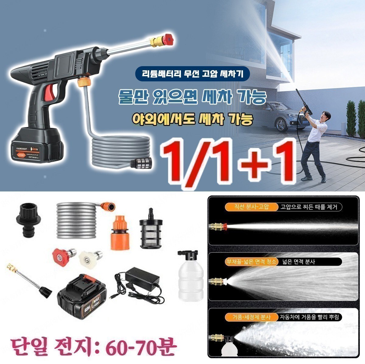 1/1+1 리튬배터리 세차 물총 가정용 휴대용 고압 무선 세차기 셋트 강력한 동력/원거리 분사/고압 세차로 더욱 효과적 25,800원