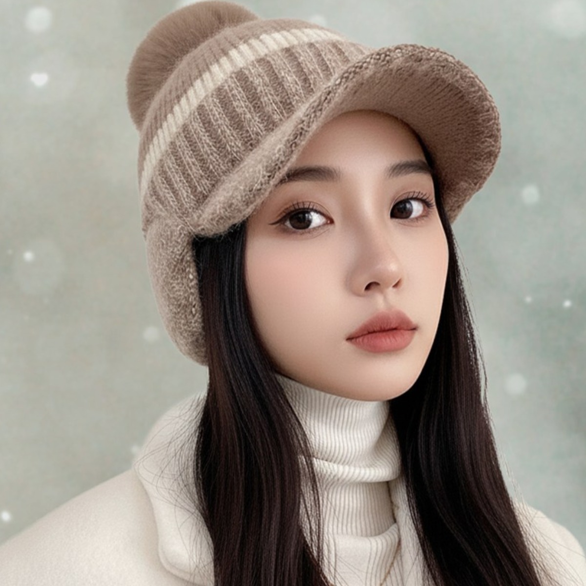 모니브 배색 여성 겨울 골프모자 귀달이 토끼털 방한 니트, 1개, 브라운 19,900원