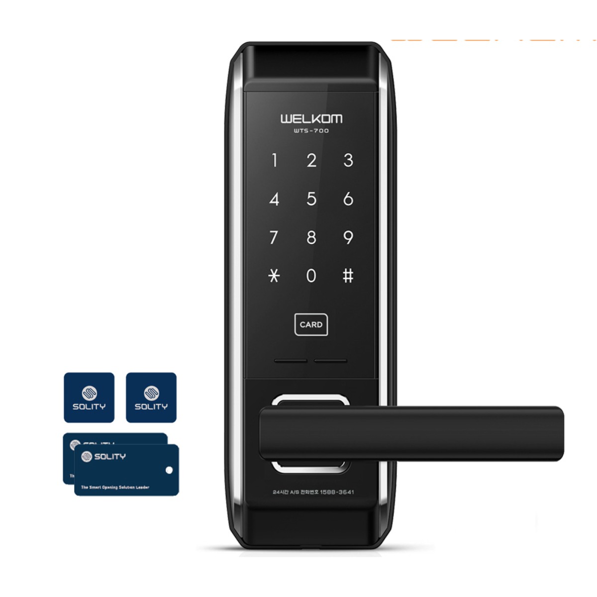 솔리티 웰콤 무타공도어록 WTS700 카드키4개+번호키 즉시잠금 내부이중잠금 허수기능 무음가능 에티켓기능 전기충격무력화 크롬도금 유광코팅 음량조절 마스터기능 현관문 디지털도어락, 웰콤 WTS700, 고객직접설치 75,000원