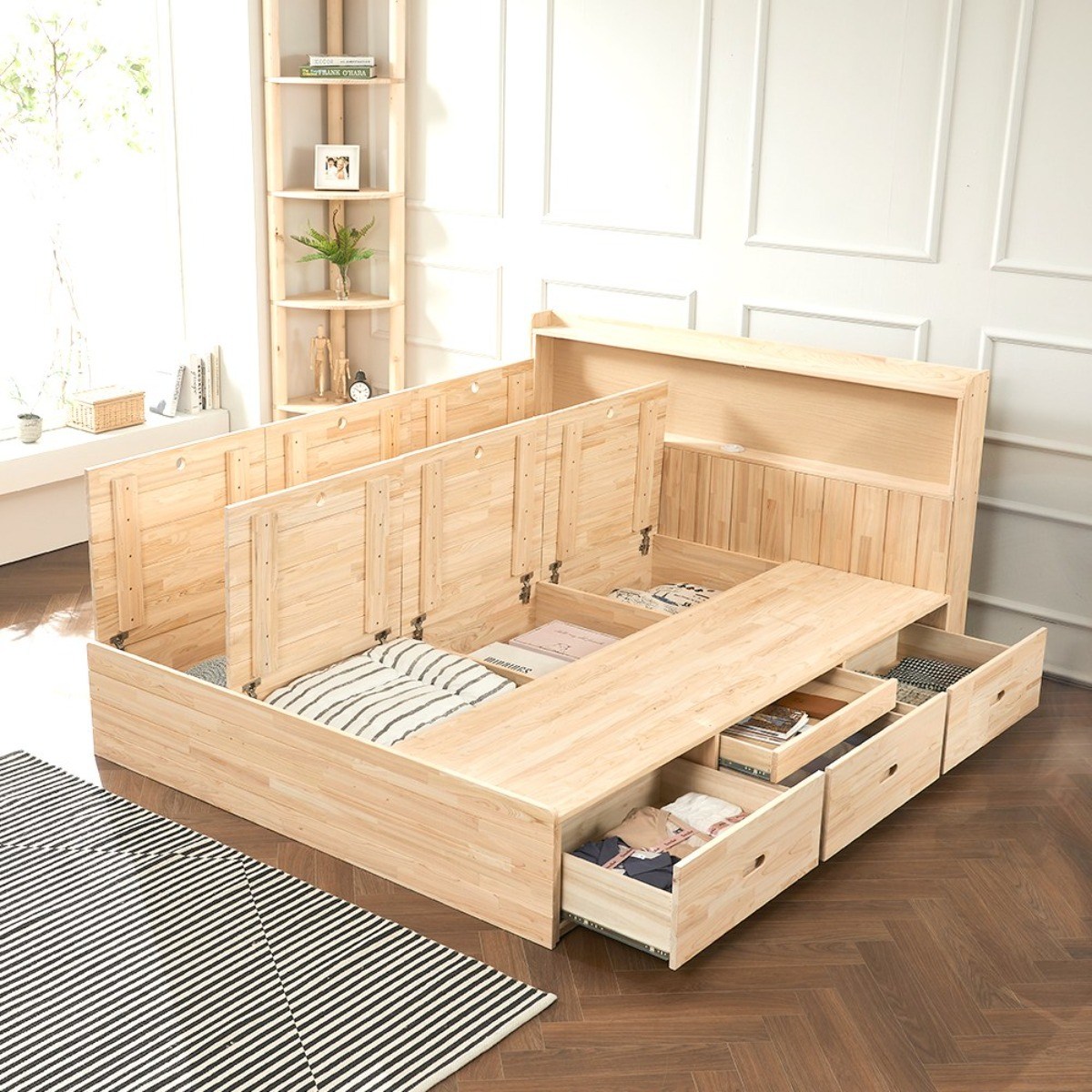 엘엔에스가구 편백나무 LED 수납침대 침대프레임100%편백나무 (서랍일부제외)슈퍼싱글/킹사이즈침대/원목수납침대/원목평상형침대/원목침대, 네추럴 779,000원