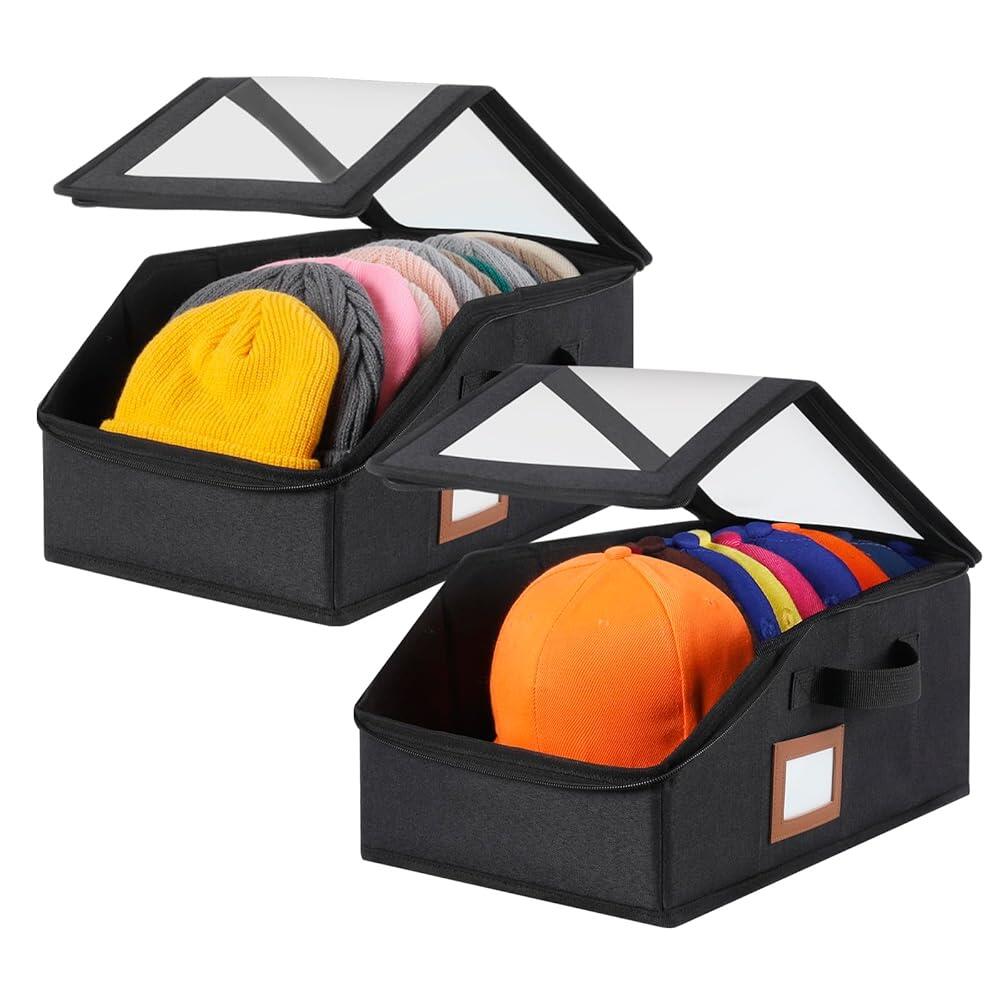 야구 모자용 2팩 모자 보관함-최대 28개의 캡 보관, 골판지가 있는 옷장용 정리함, 쌓을 수 상자, 가정 여행용 손잡이 2개가 방진 비니 정리함 (블랙, 2팩-스몰)10815 48,000원