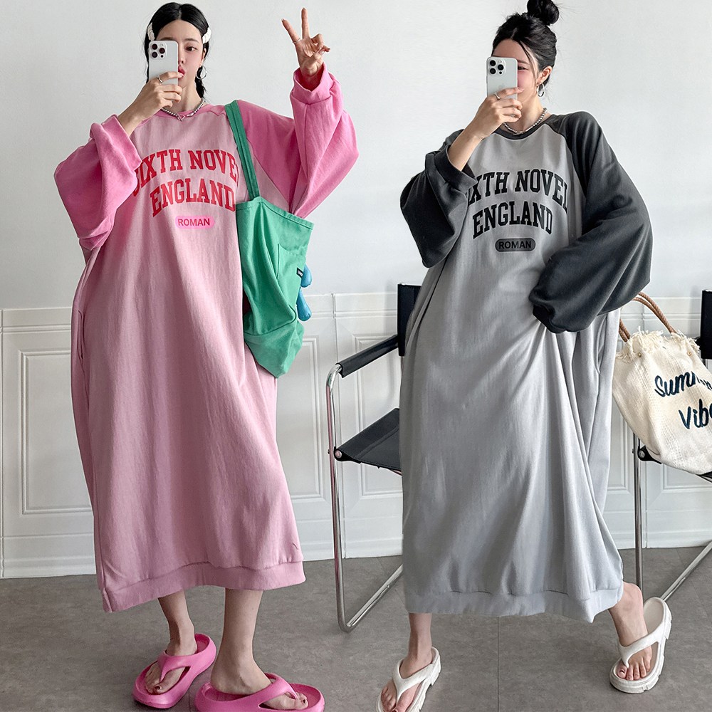 렛잇샤인 오버핏 캠핑룩 빅사이즈 홈웨어 배색 벌룬 긴팔 맥시 맨투맨 롱원피스 31,900원