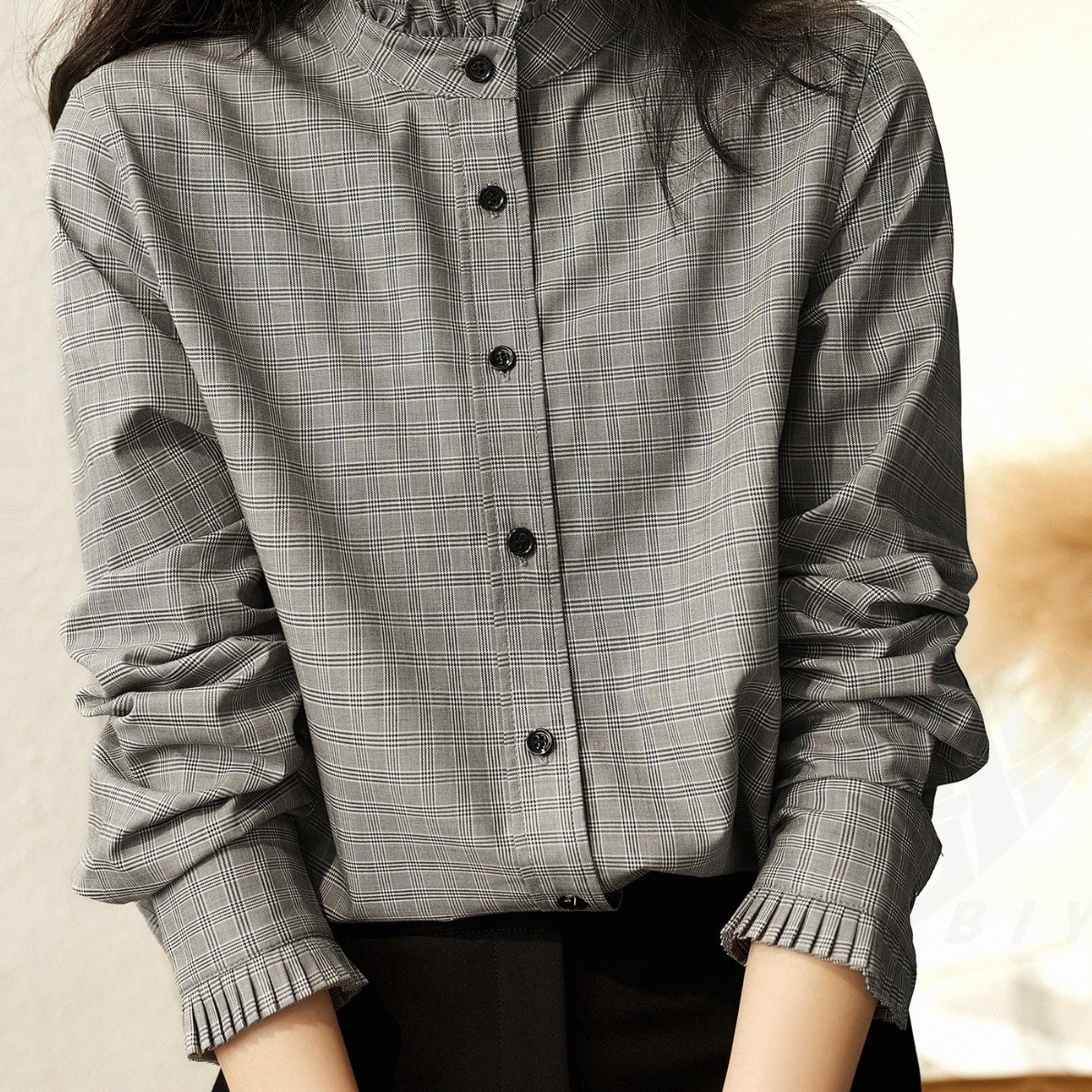 비아이와이 여성 봄가을 빈티지 통근 차이나넥 오피스룩 체크 긴팔 티셔츠  D19 29,500원