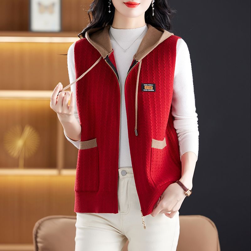 중년여성 배색 후드 집업 니트 조끼 베스트 봄가을 루즈핏 민소매 후드 가디건 빅사이즈 21,900원