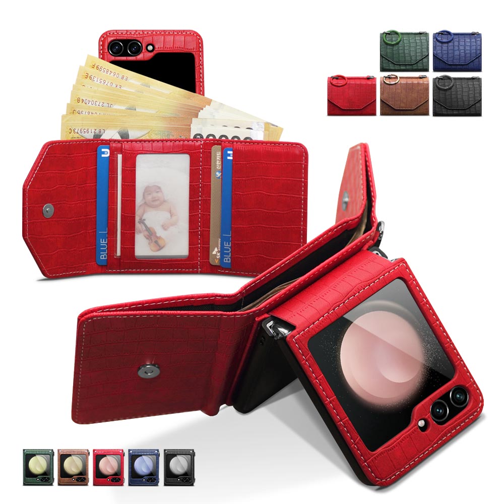 Z플립 7 6 5 4 3 지갑형 대용량 지폐수납 카드4장 수납 손목, 롱 스트랩, 핑거 링 힌지보호 갤럭시 제트 플립 정품 폰케이스 PU 악어 가죽 패턴 핸드폰 케이스 제이콥스타일 28,800원