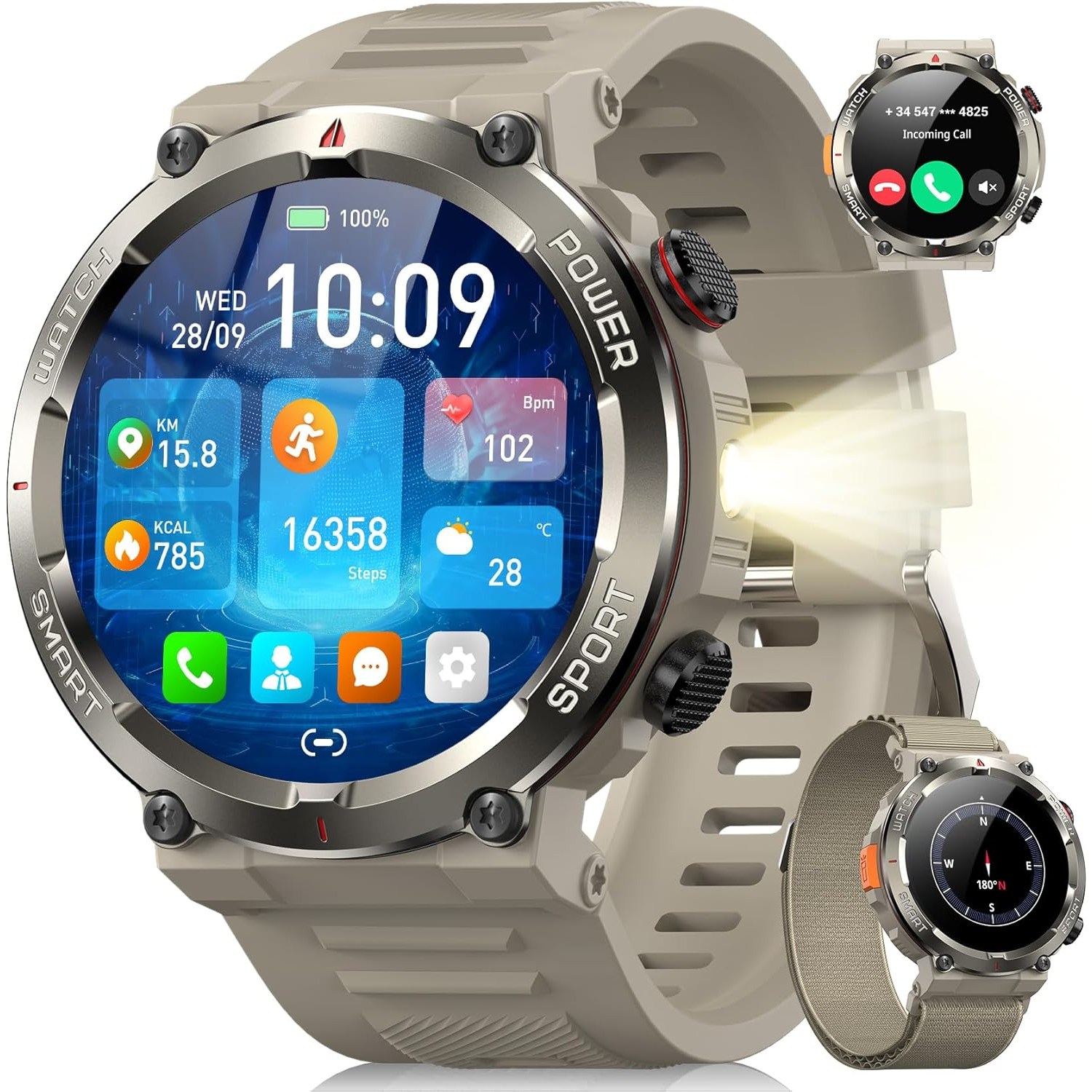 IOWODO W50 Pro 아웃도어 스마트워치 1.45인치 960mAh 초대용량 배터리 군용급 내구성 통화 가능 IP68 방수, 블루투스, 5.2cm, 카키색 64,900원