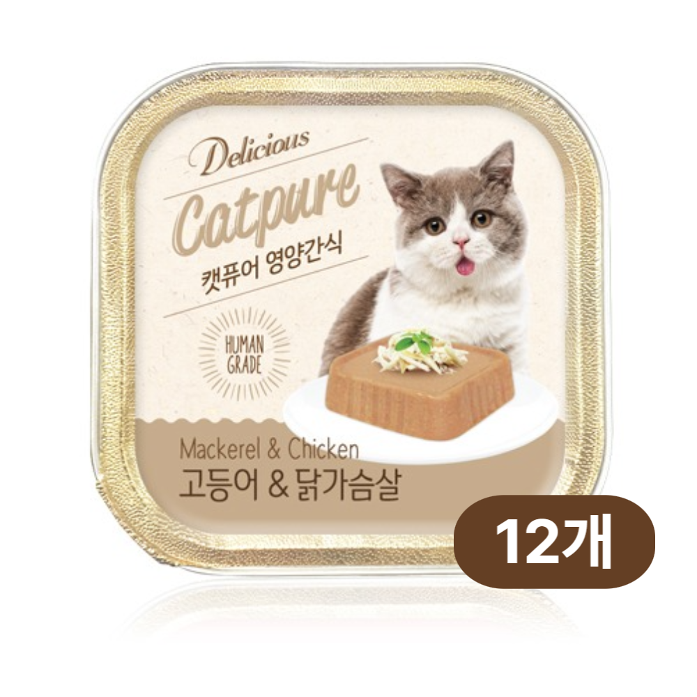 캣퓨어 고양이 딜리셔스 간식캔 습식 영양가득, 닭가슴살 고등어, 100g, 12개 13,900원