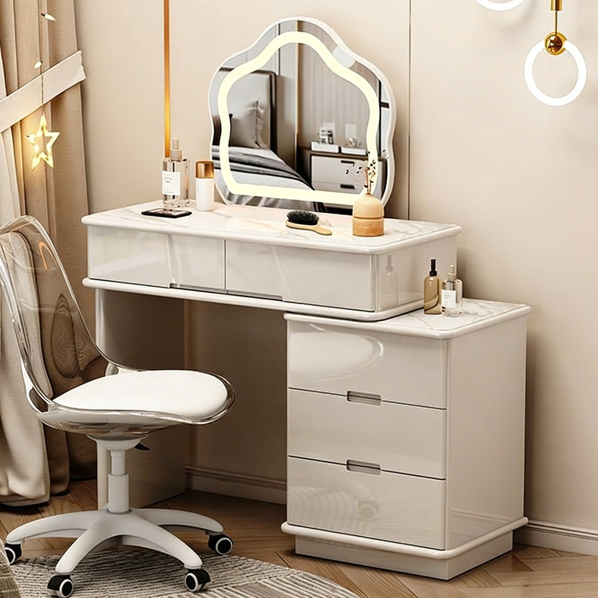 [쿠팡방문설치] 현대 심플 화이트 LED 거울 화장대 세트, 서랍 수납형 다용도 화장대 (의자 별도) 259,900원