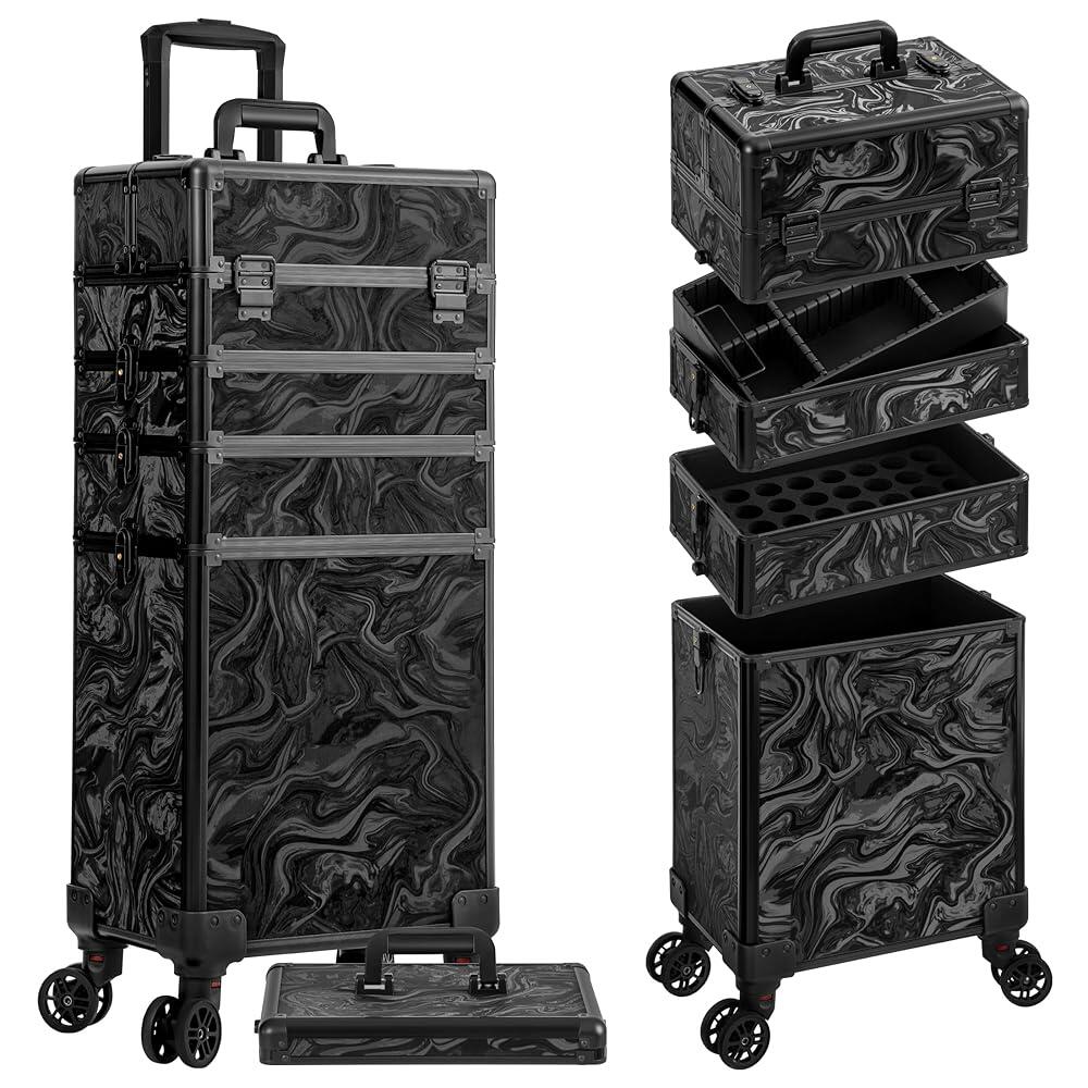 JINGUAN PrOF 오브esional 뚜껑이 있는 롤링 메이크업 트레인 케이스, 바퀴가 달린 5 in 1 미용 케이스, 헤어스타일리스트 아티스트 네일 뷰티 살롱 이발소를 위, Ink Black 284,400원