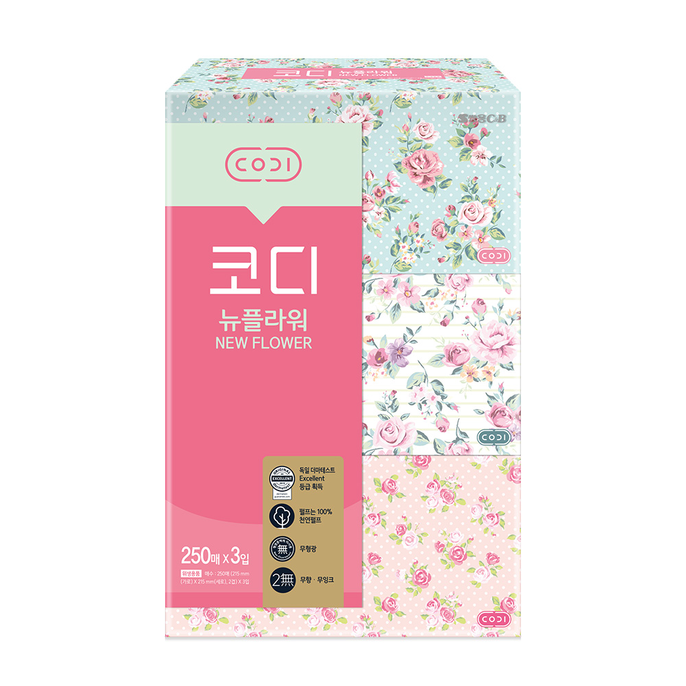 코디 뉴플라워 천연펄프 미용티슈 2겹, 250매, 3개 5,990원
