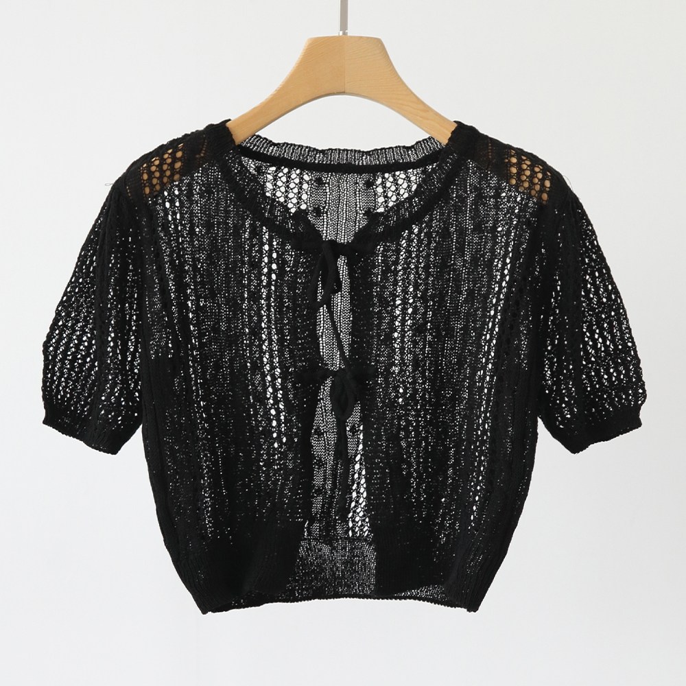 제니트 여성 사랑스러운 리본 코어룩 스카시 레이어드 물결넥 크롭 반팔 니트 가디건 16,900원