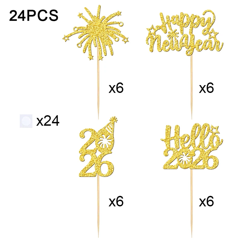 YOMDID 24개입 2026 해피 뉴 이어 컵케이크 토퍼 불꽃놀이 헬로 픽 8,300원