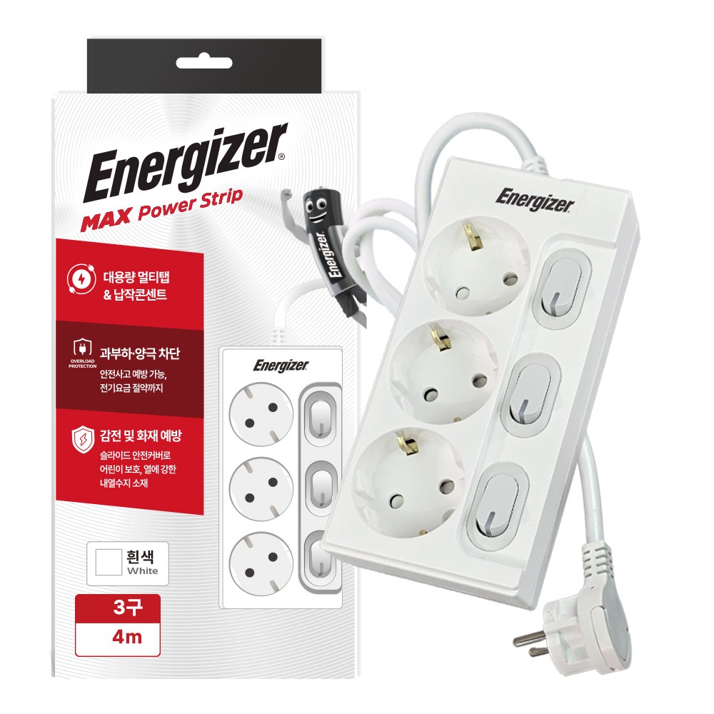 에너자이저 개별스위치 멀티탭 고용량 3구 납작플러그 과부하차단 16A, 1개, 화이트(개별스위치 3구), 4m 30,200원