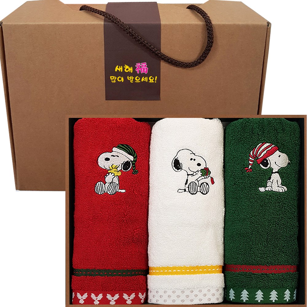 송월타올 해피스누피수건 3장 명절 새해선물세트, 1세트, 빨강 화이트 초록 3p 16,900원