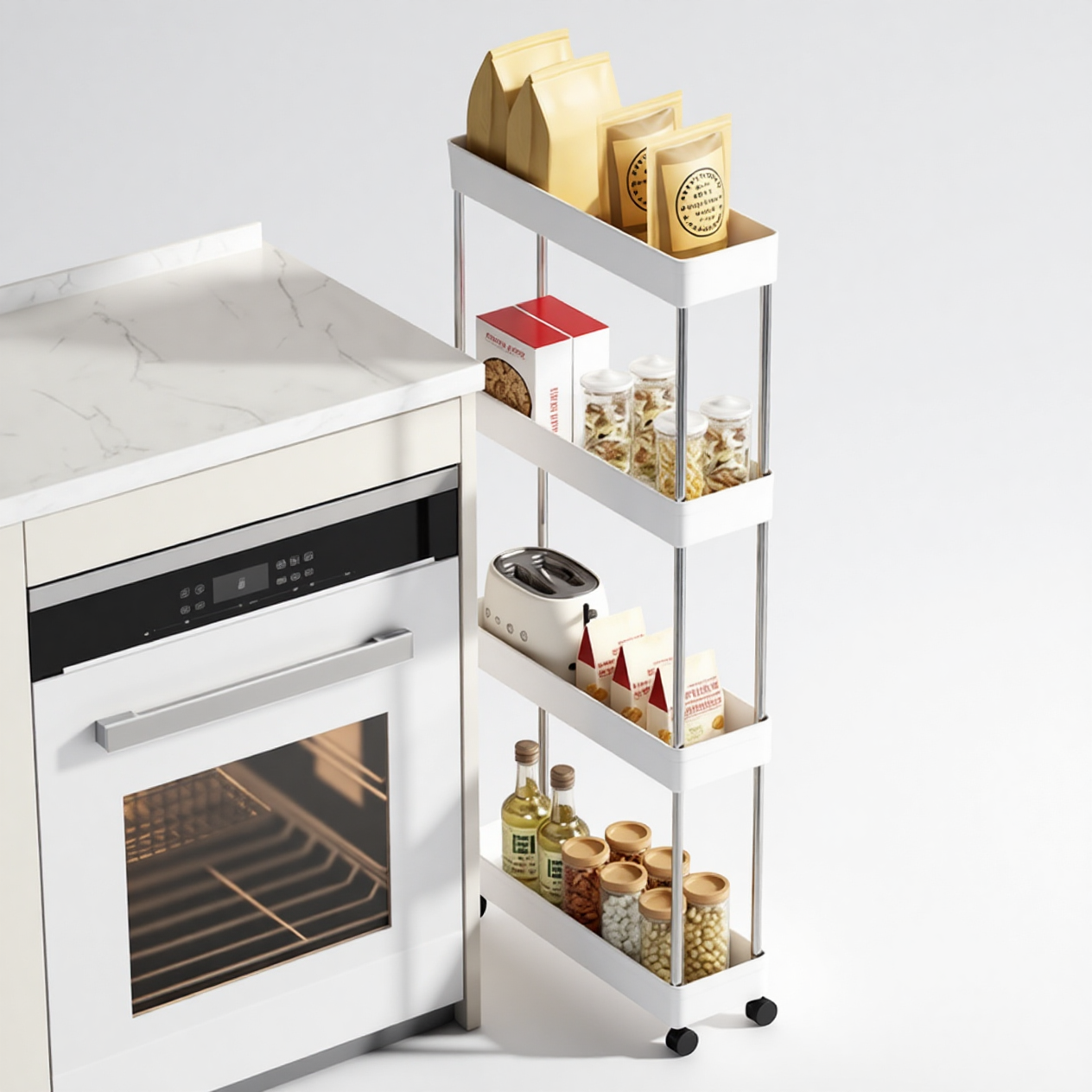 냉장고옆 슬림 틈새선반 4단 이동식 수납장, 흰색 11,900원