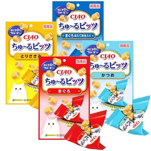 마더스캣 이나바 챠오 츄르비츠 촉촉한 고양이 져키 스낵 4종 콤보세트 컷팅된 츄르또, 츄르비츠 참치+가리비관자 4개, 1개 10,300원