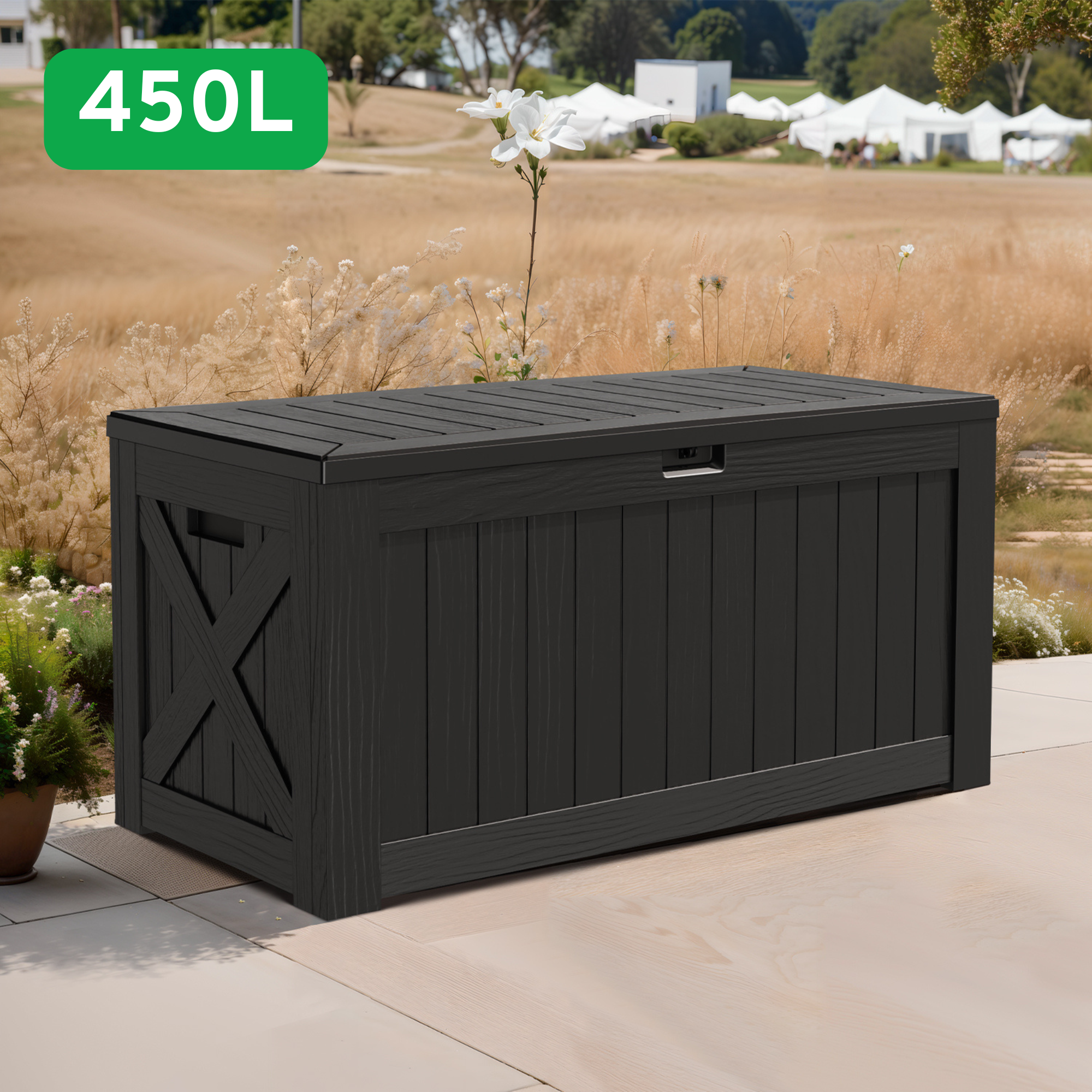 Homall 호몰 아웃도어 실내 데크박스 수납벤치 플라스틱 다용도 정원정리 야외보관함 캠핑수납 450L, 1개, 블랙 126,430원