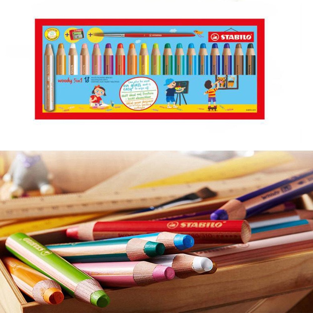 스타빌로 어린이 학생 채색 우디 색연필 크레용 18색 세트 샤프너 브러쉬 포함 48,800원
