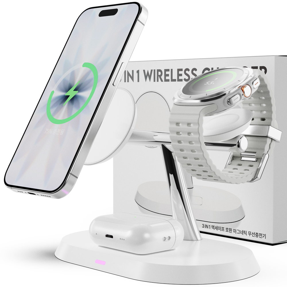 누아트 3in1 애플워치 갤럭시워치 호환 맥세이프 마그네틱 무선충전기, 화이트, 1개 14,900원