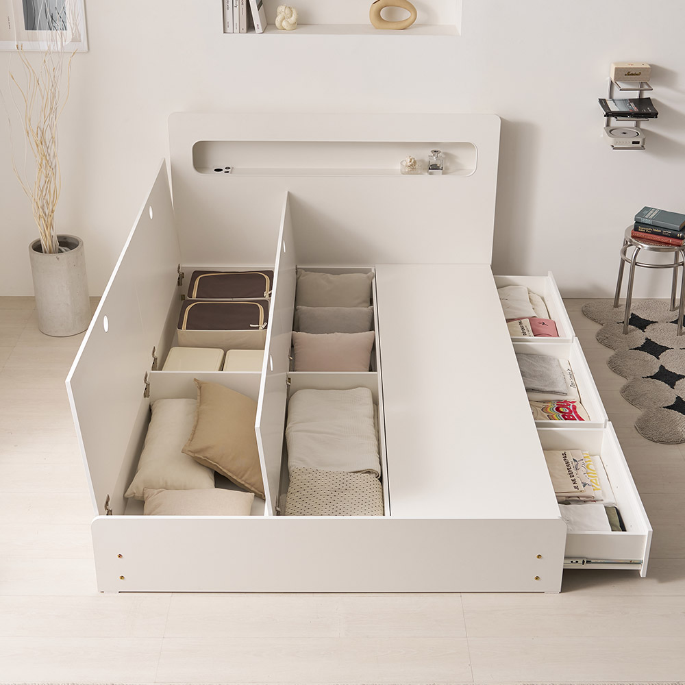 라자가구 라운 LED 서랍 통수납 슈퍼싱글/퀸 침대 프레임+잇템 본넬 매트, 화이트 284,000원