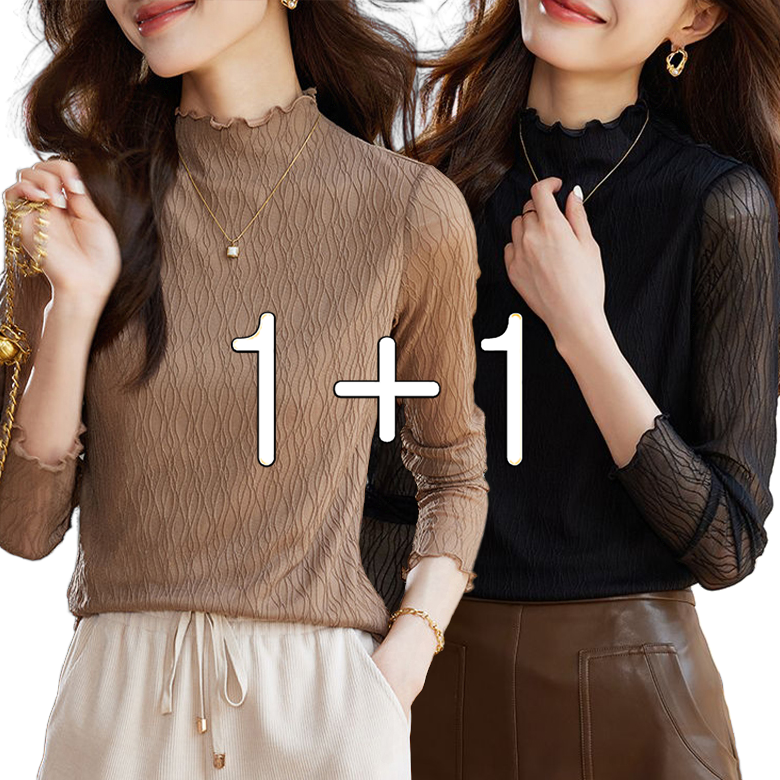 POMTOR 1+1 여성 레이스 셔츠 반폴라 이너 긴팔 티셔츠 25,900원